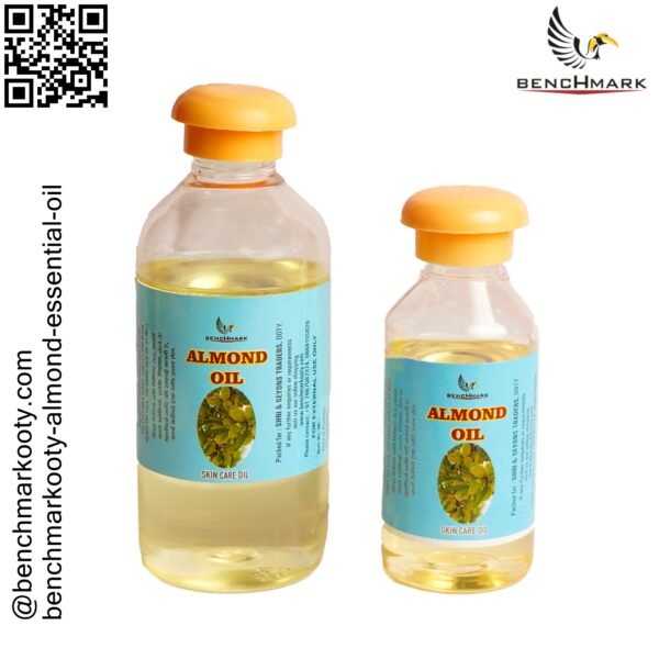 Benchmark Ooty almond essential oil bottle showcasing its benefits for skin and hair care