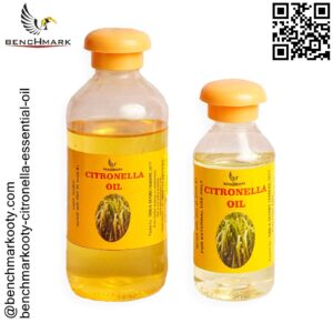 Benchmark Ooty citronella essential oil bottle highlighting its benefits for natural insect repellent and aromatherapy