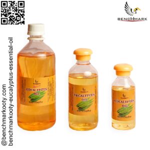 Benchmark Ooty eucalyptus essential oil bottle highlighting its benefits for respiratory relief and relaxation